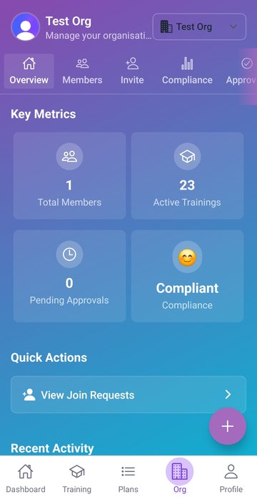 Organisation dashboard showing key metrics: total members, active trainings, pending approvals, and compliance status